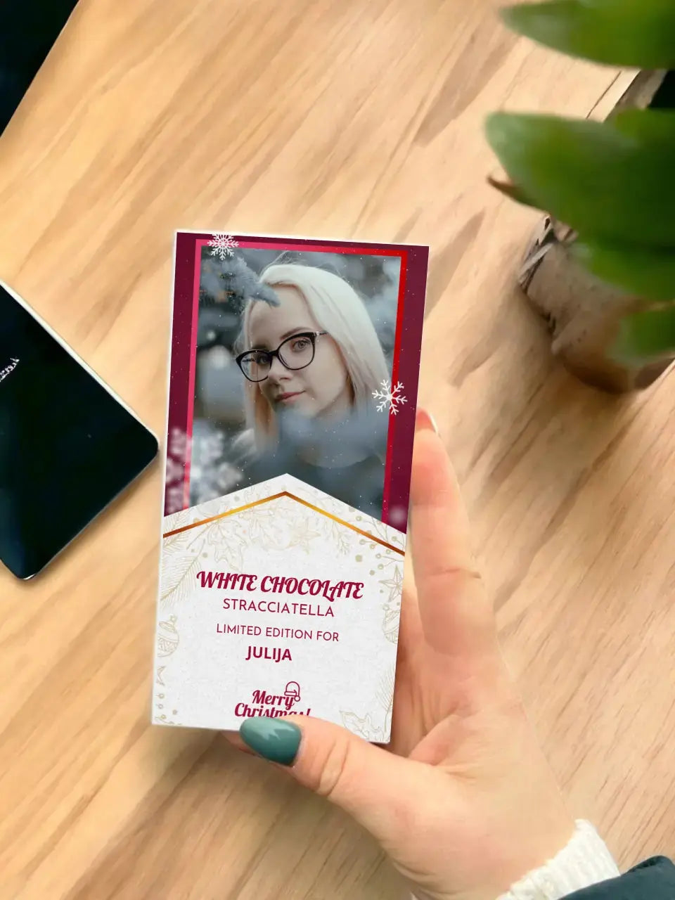 Personalizuotas „Kalėdinio dizaino“ šokoladas su jūsų nuotrauka TeeInBlue Šokoladas