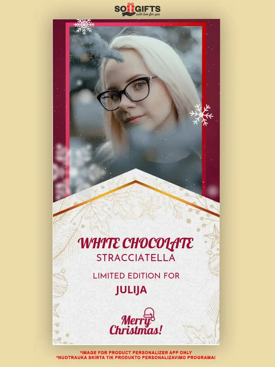 Personalizuotas „Kalėdinio dizaino“ šokoladas su jūsų nuotrauka TeeInBlue Šokoladas