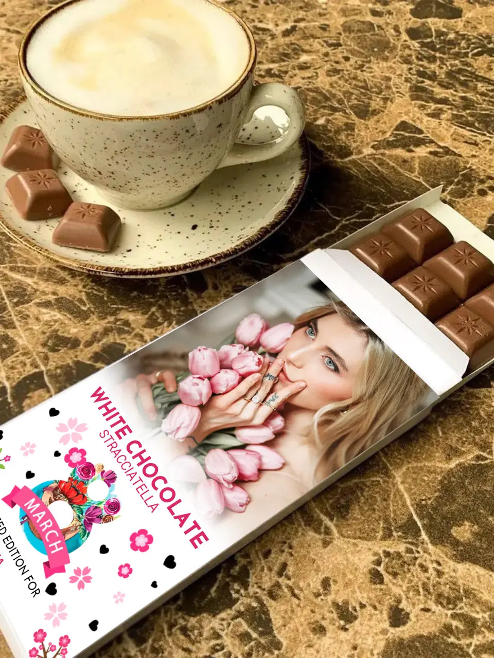 Personalizuotas "Moterų dienos dizainas 2" šokoladas su jūsų nuotrauka