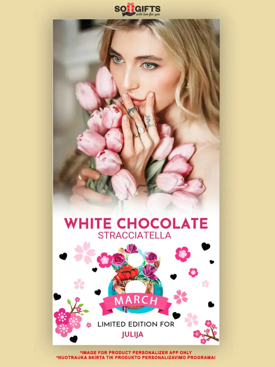 Personalizuotas "Moterų dienos dizainas 2" šokoladas su jūsų nuotrauka TeeInBlue Šokoladas