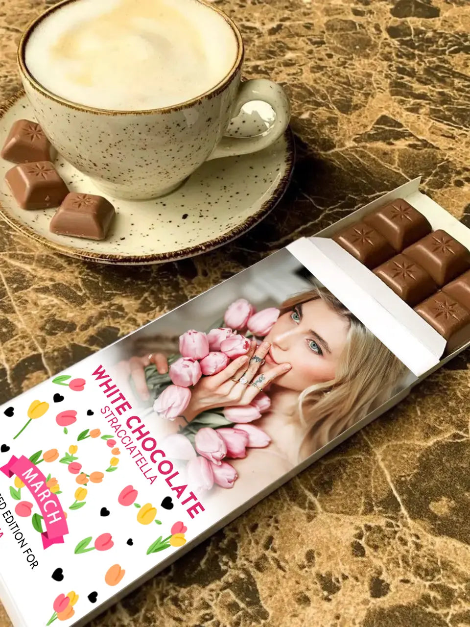 Personalizuotas "Moterų dienos dizainas 3" šokoladas su jūsų nuotrauka