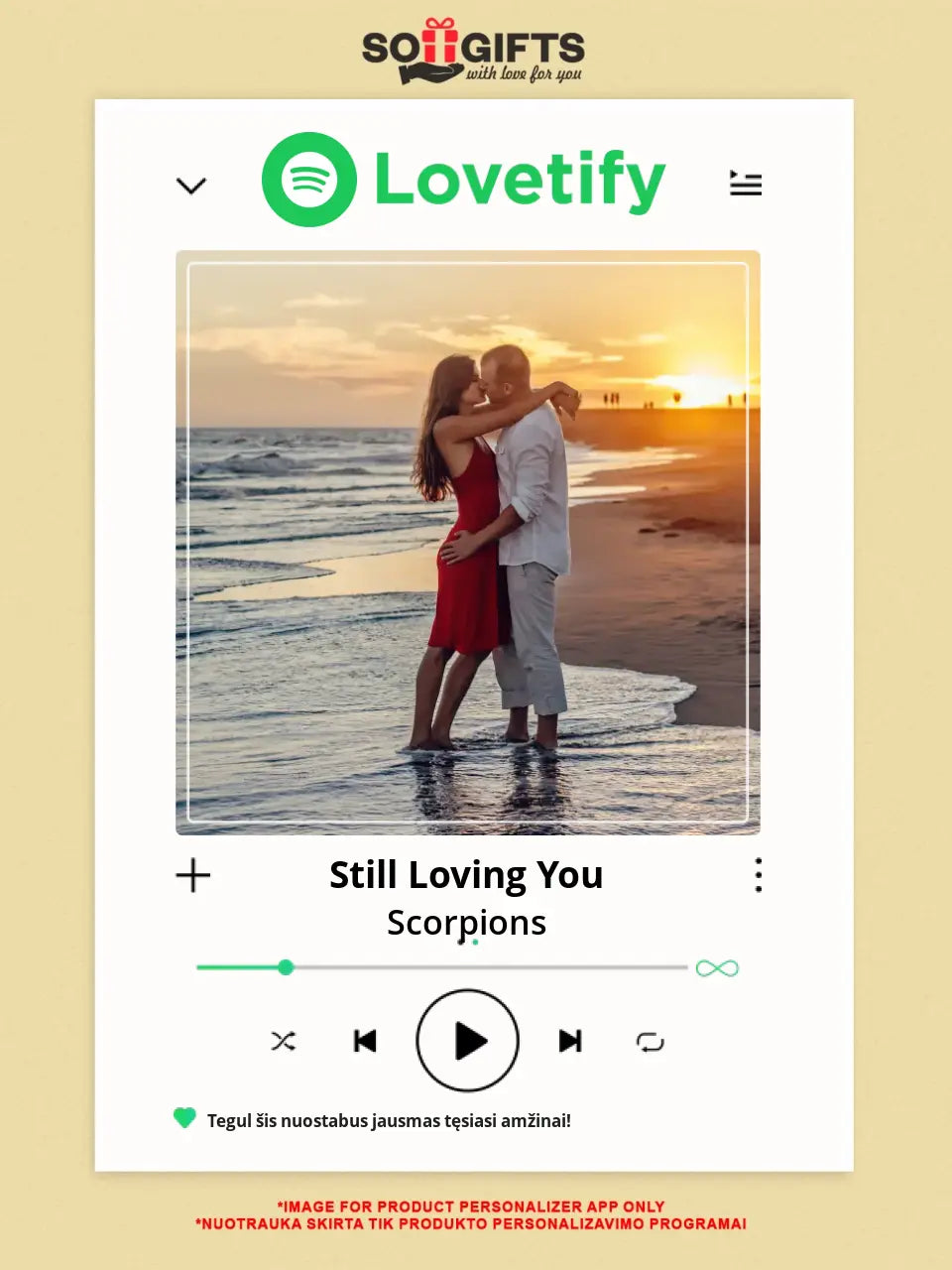 Personalizuotas "Lovetify" dizaino įrėmintas plakatas su jūsų nuotrauka ir daina