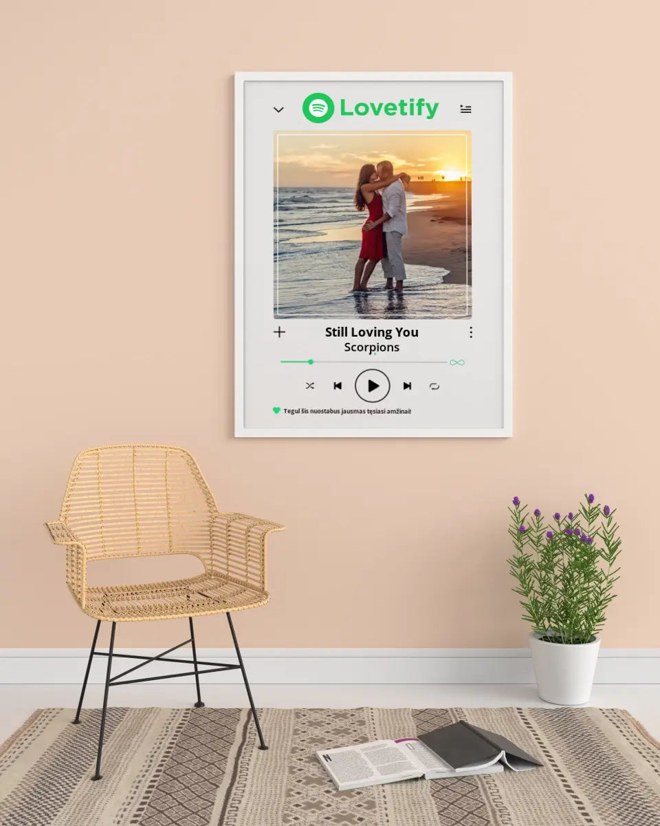 Personalizuotas "Lovetify" dizaino įrėmintas plakatas su jūsų nuotrauka ir daina