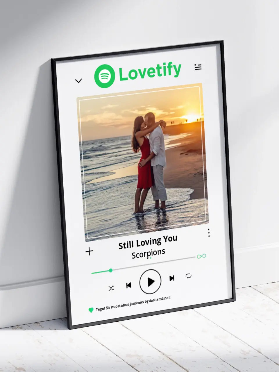 Personalizuotas "Lovetify" dizaino įrėmintas plakatas su jūsų nuotrauka ir daina