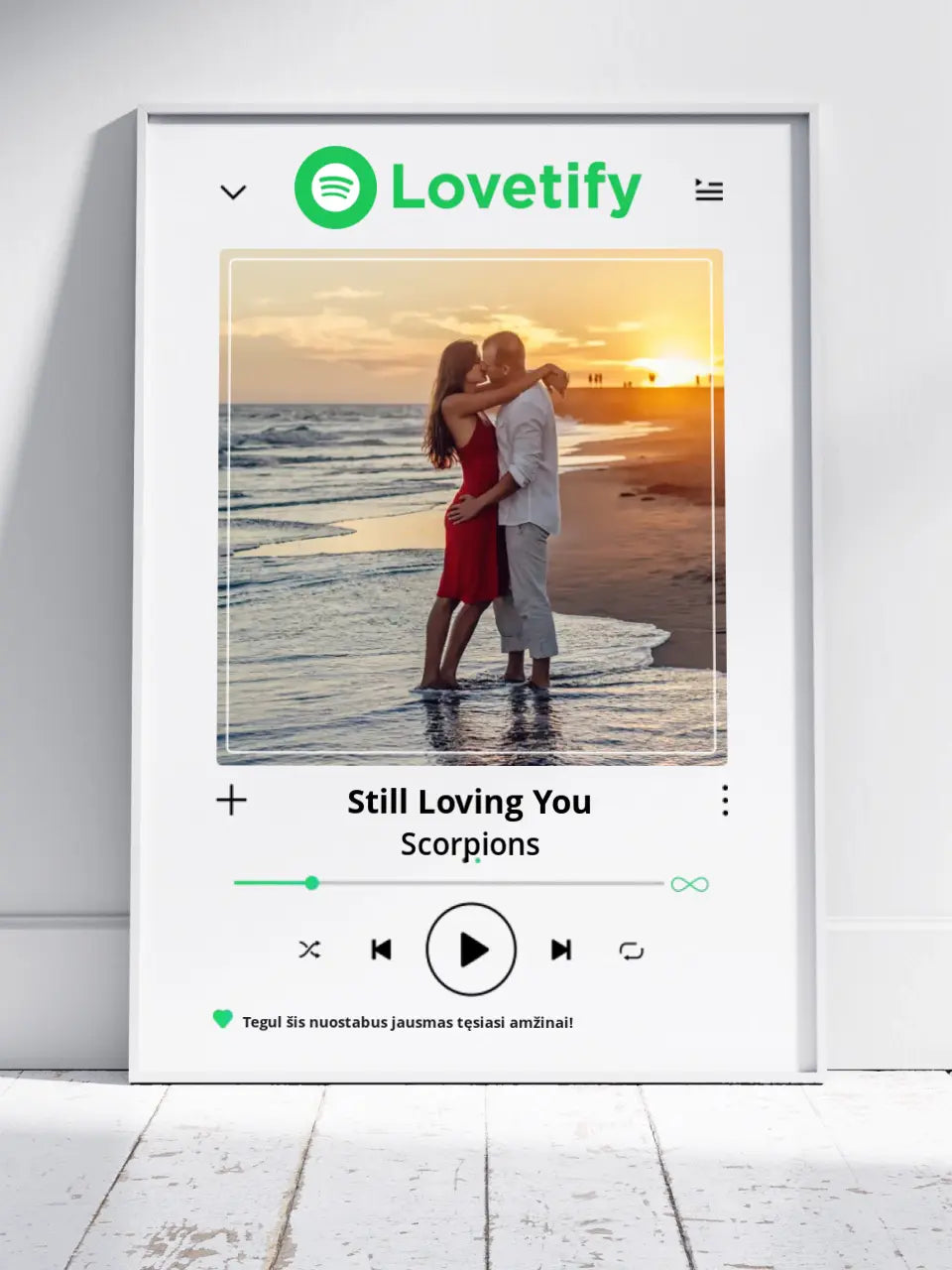 Personalizuotas "Lovetify" dizaino įrėmintas plakatas su jūsų nuotrauka ir daina