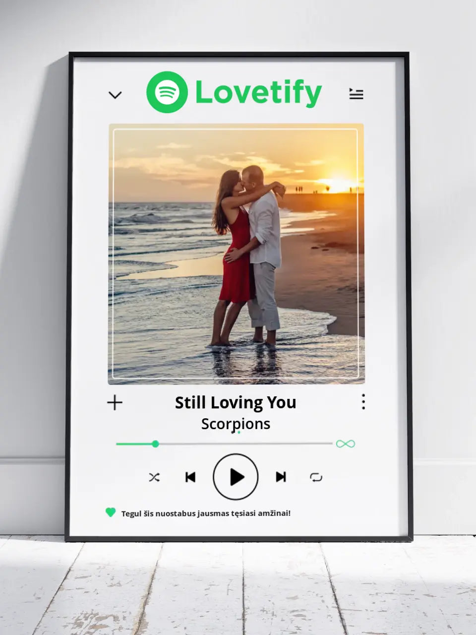 Personalizuotas "Lovetify" dizaino įrėmintas plakatas su jūsų nuotrauka ir daina