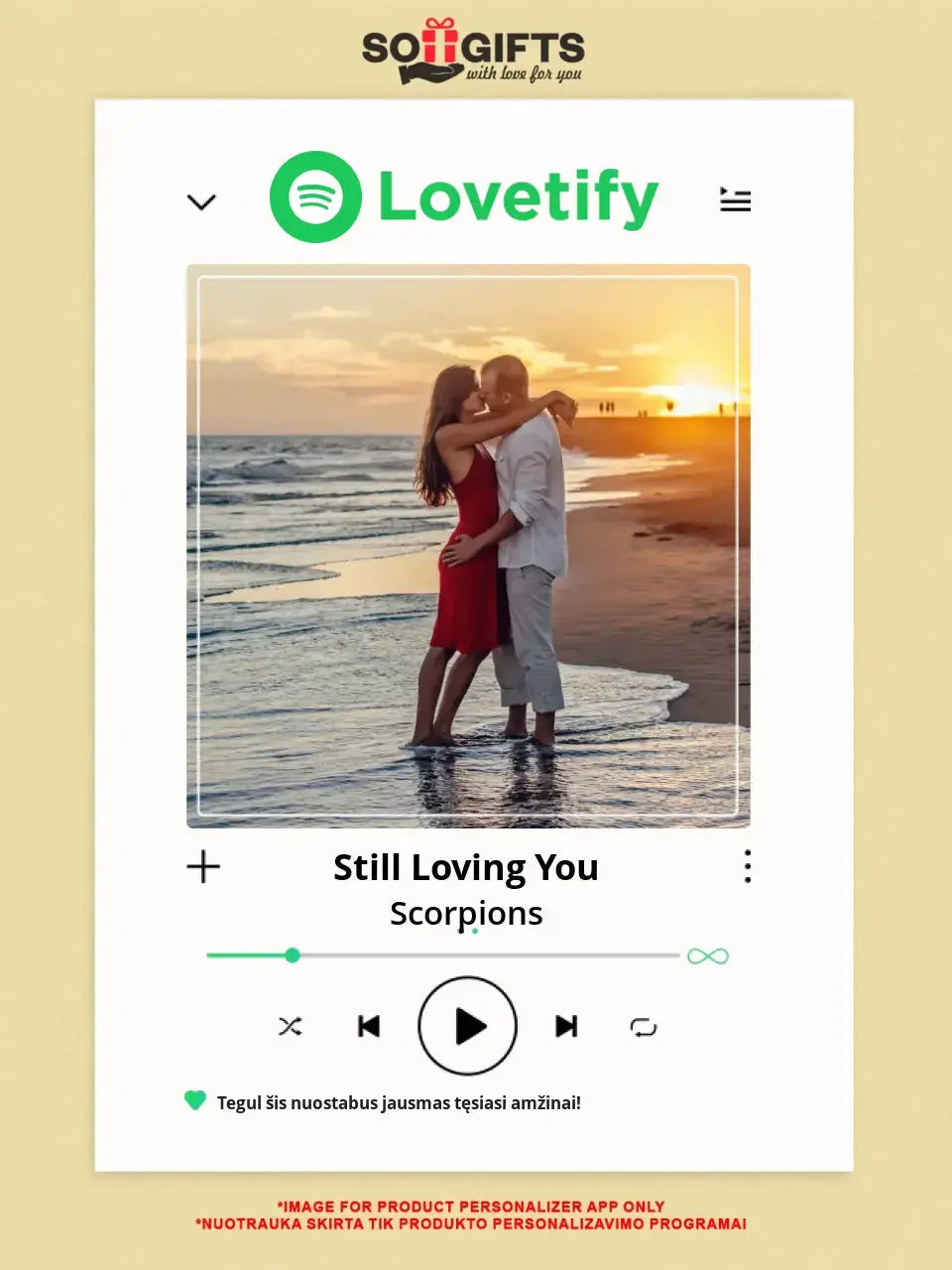 Personalizuotas "lovetify" drobės dizainas su tavo nuotrauka ir pasirinkta daina  Drobe -  dovanokis.lt