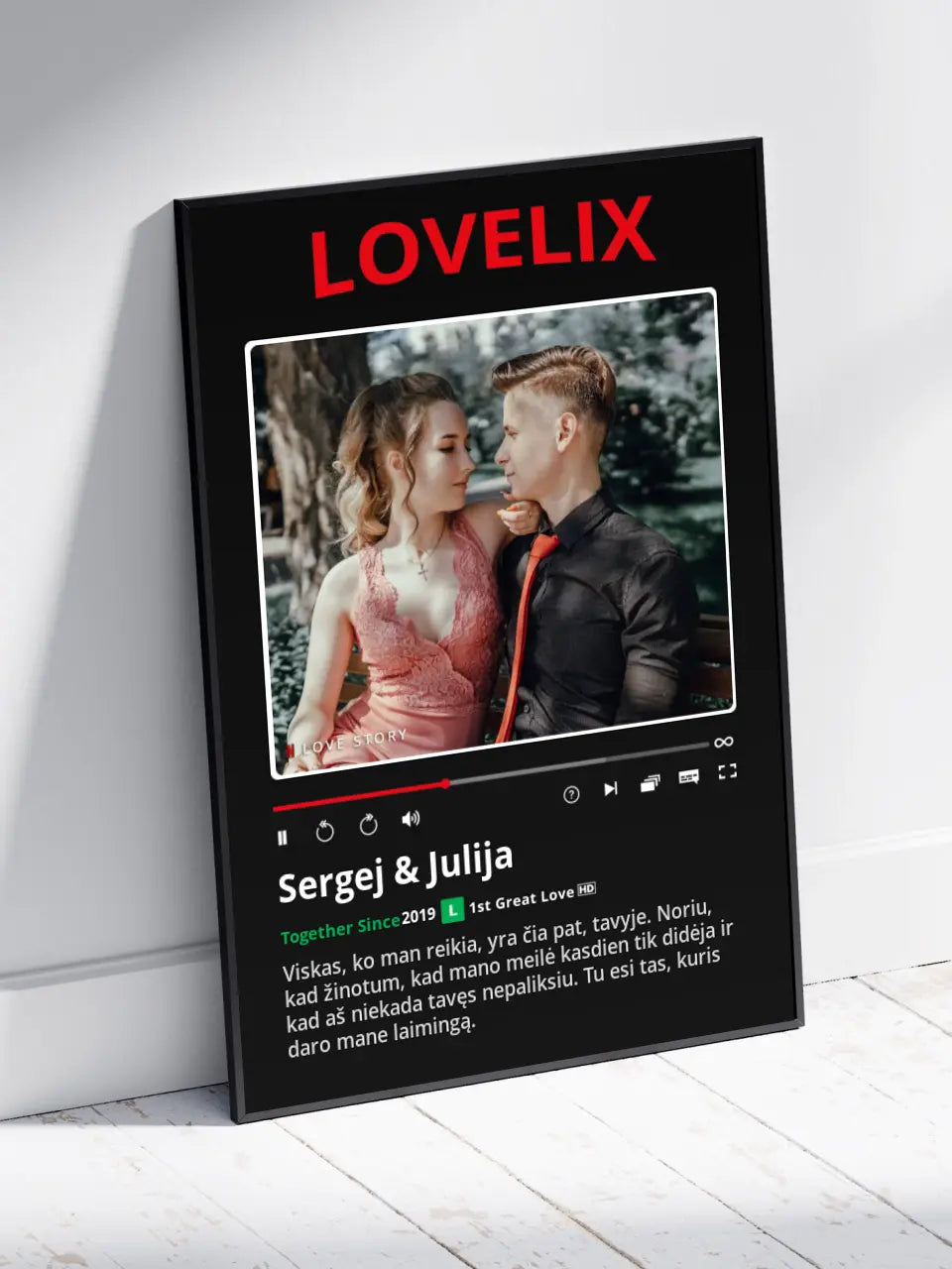 Personalizuotas "Lovelix" dizaino įrėmintas plakatas su jūsų nuotrauka ir vardais