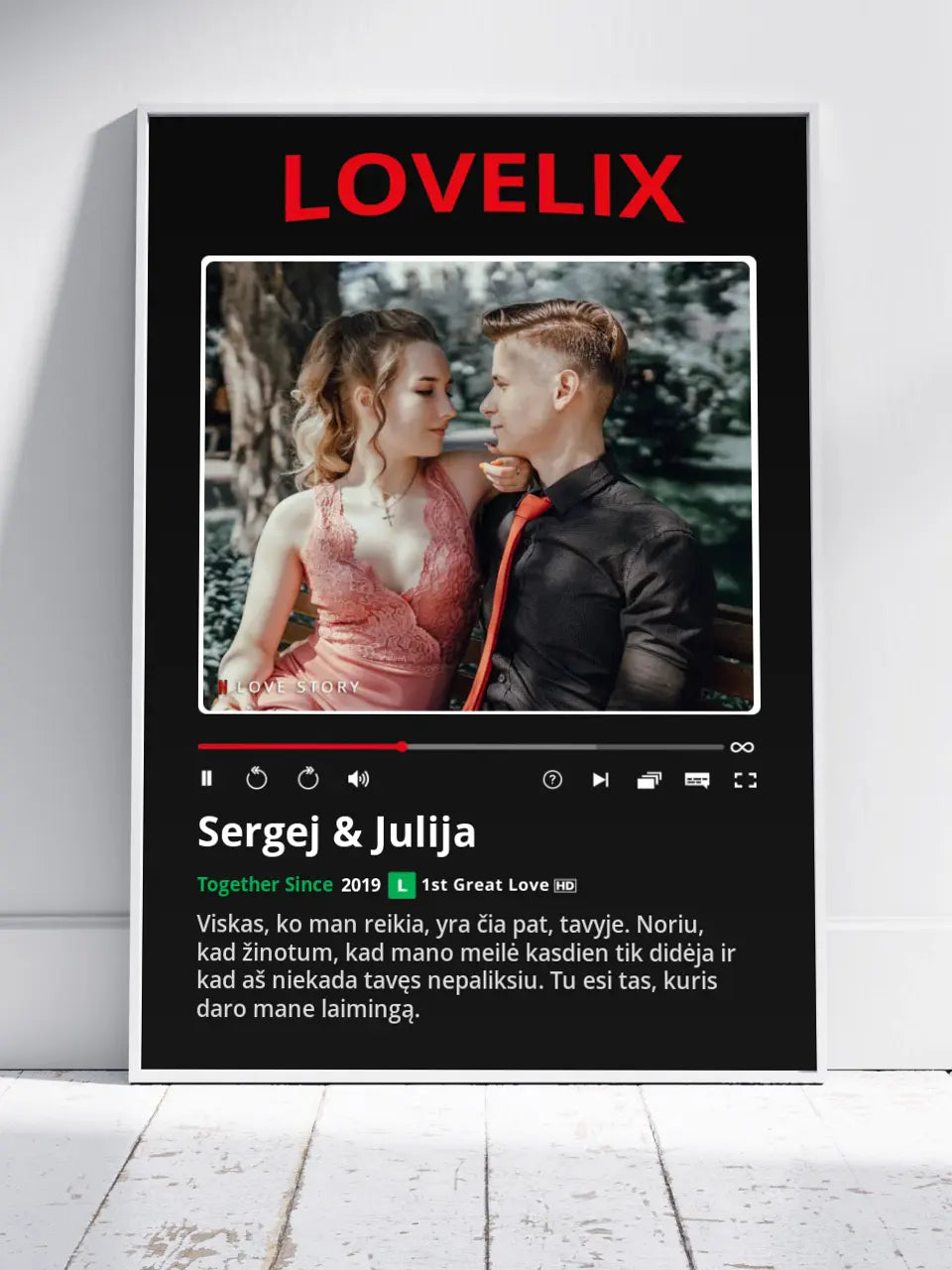 Personalizuotas "Lovelix" dizaino įrėmintas plakatas su jūsų nuotrauka ir vardais