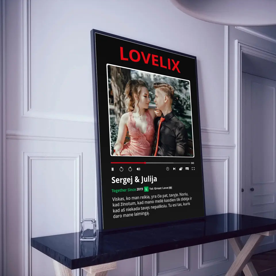 Personalizuotas "Lovelix" dizaino įrėmintas plakatas su jūsų nuotrauka ir vardais