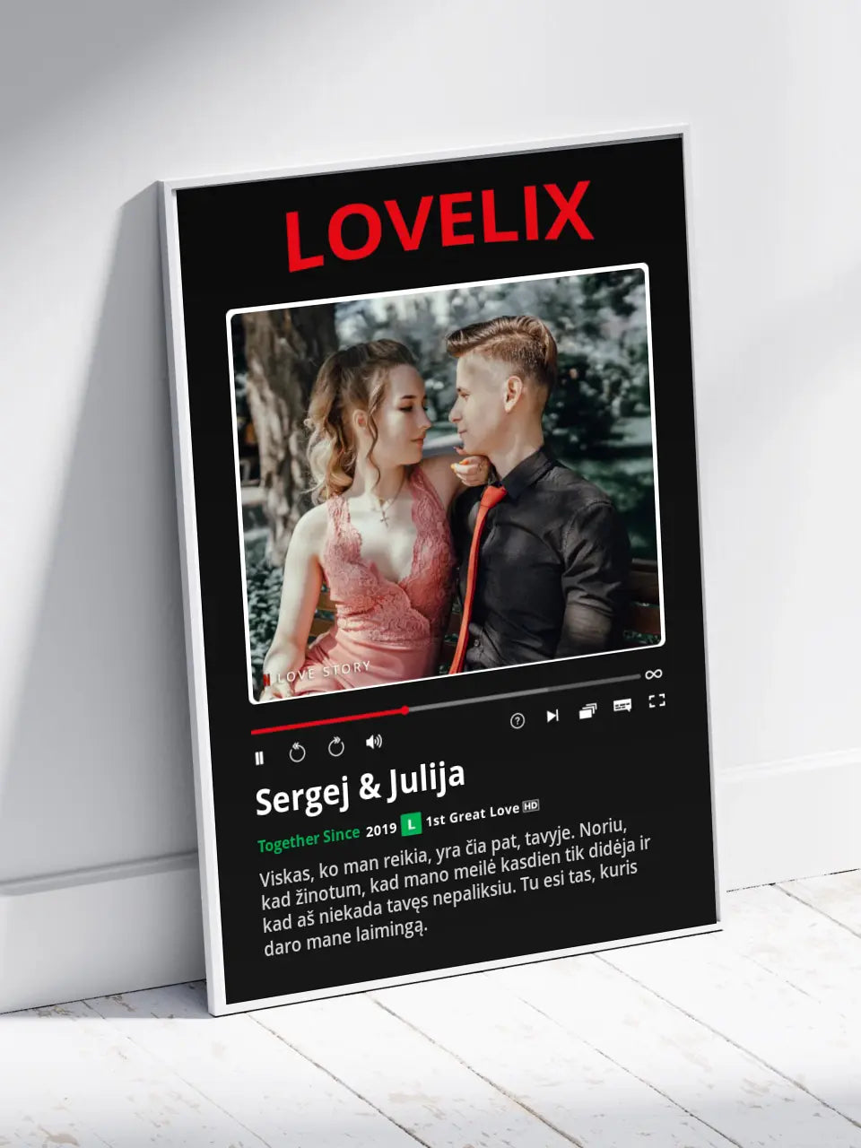 Personalizuotas "Lovelix" dizaino įrėmintas plakatas su jūsų nuotrauka ir vardais