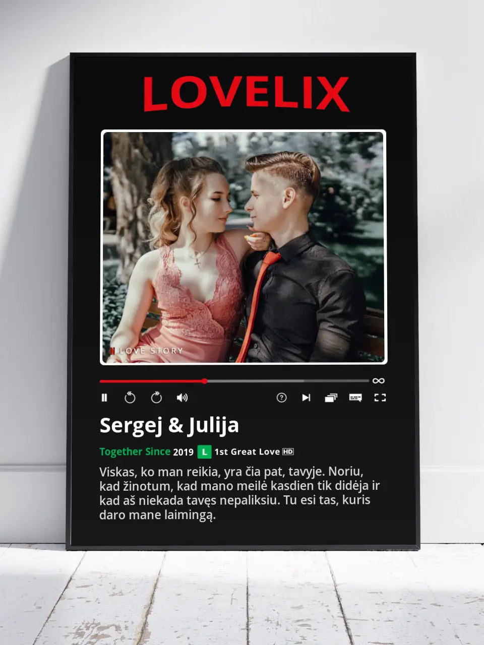 Personalizuotas "Lovelix" dizaino įrėmintas plakatas su jūsų nuotrauka ir vardais