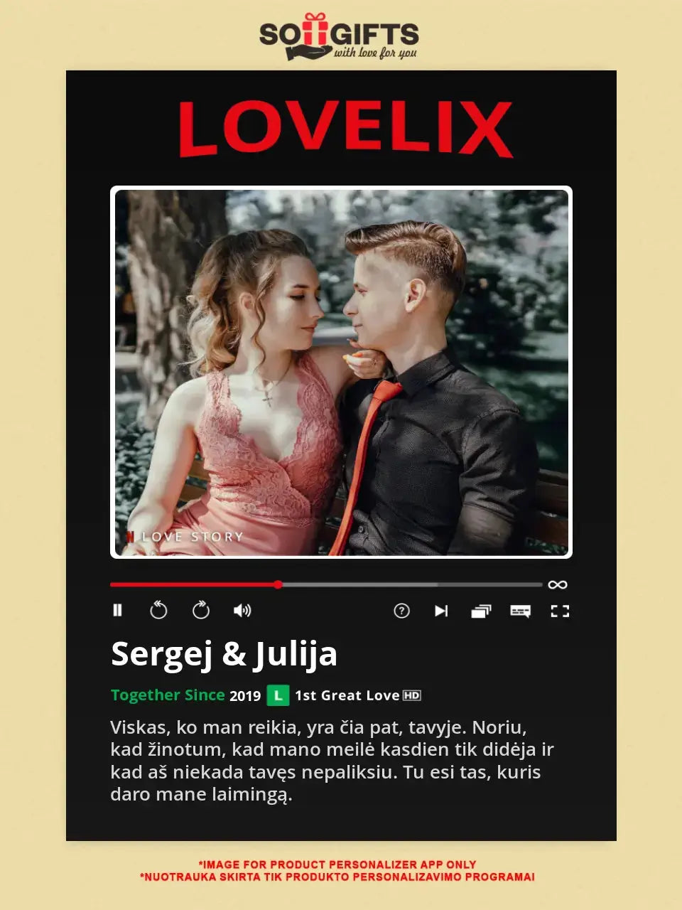 Personalizuotas "Lovelix" dizaino kūrinys ant drobės su jūsų nuotrauka ir vardais  Drobe -  dovanokis.lt