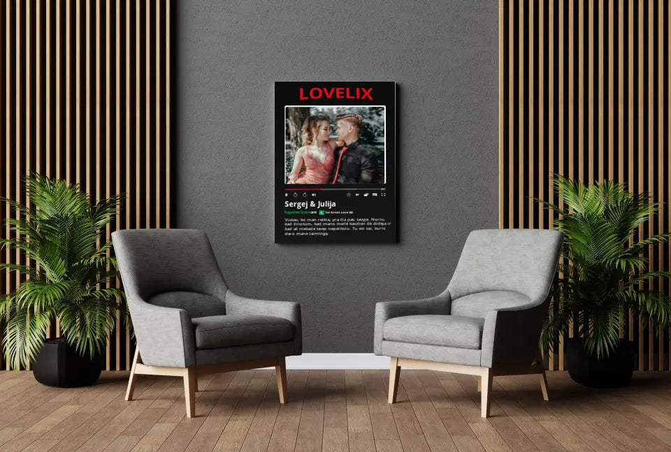 Personalizuotas "Lovelix" dizaino kūrinys ant drobės su jūsų nuotrauka ir vardais