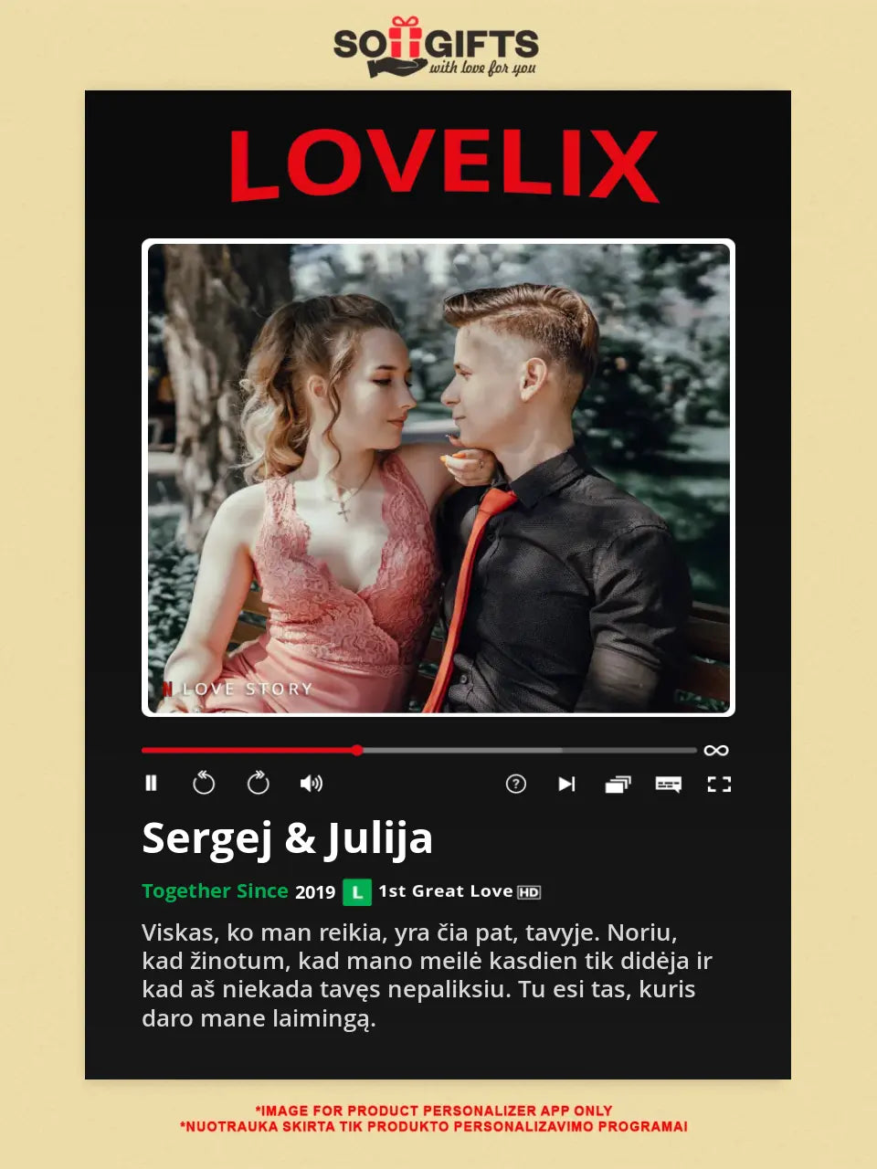 Personalizuotas "Lovelix" dizaino įrėmintas plakatas su jūsų nuotrauka ir vardais