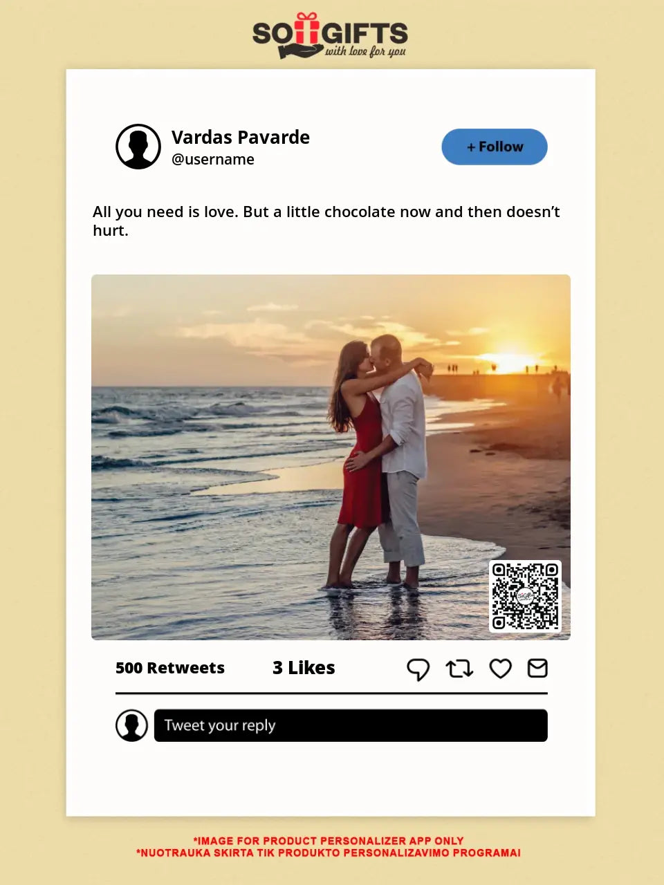 Personalizuotas "Twitter" dizaino įrėmintas plakatas su jūsų nuotrauka ir tekstu