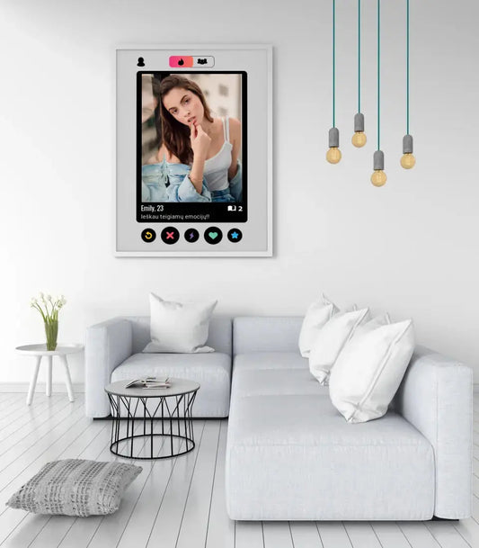 Personalizuotas "Tinder" dizaino įrėmintas plakatas su jūsų nuotrauka ir tekstu  Posteris(Plakatas) -  dovanokis.lt
