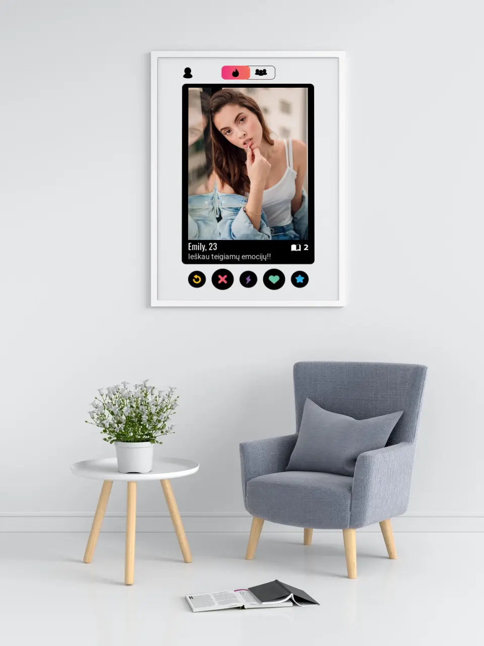 Personalizuotas "Tinder" dizaino įrėmintas plakatas su jūsų nuotrauka ir tekstu