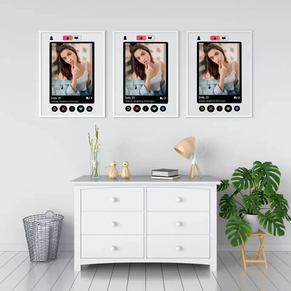 Personalizuotas "Tinder" dizaino įrėmintas plakatas su jūsų nuotrauka ir tekstu  Posteris(Plakatas) -  dovanokis.lt