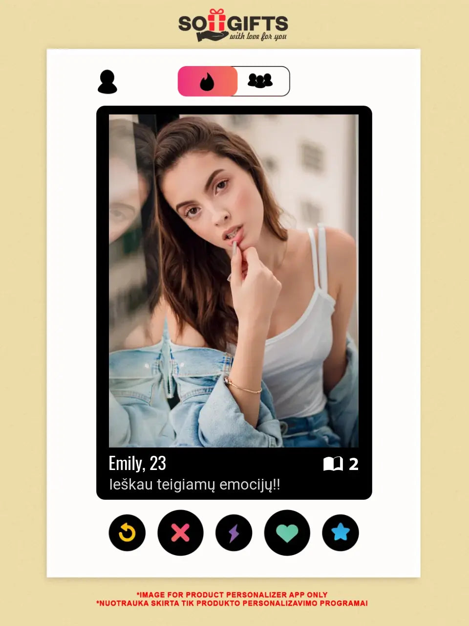 Personalizuotas "Tinder" dizaino įrėmintas plakatas su jūsų nuotrauka ir tekstu