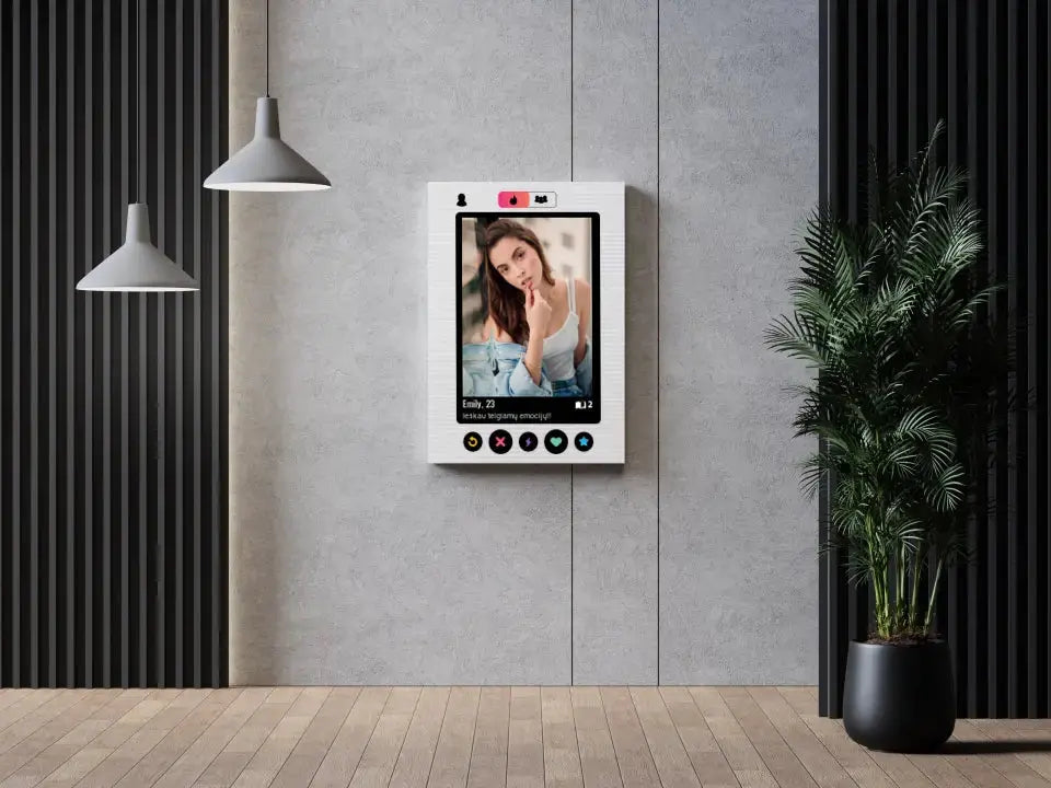 Personalizuotas "Tinder" dizaino kūrinys ant drobės su jūsų nuotrauka ir tekstu  Drobe -  dovanokis.lt