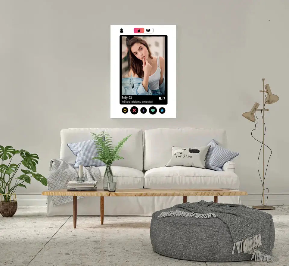 Personalizuotas "Tinder" dizaino kūrinys ant drobės su jūsų nuotrauka ir tekstu  Drobe -  dovanokis.lt