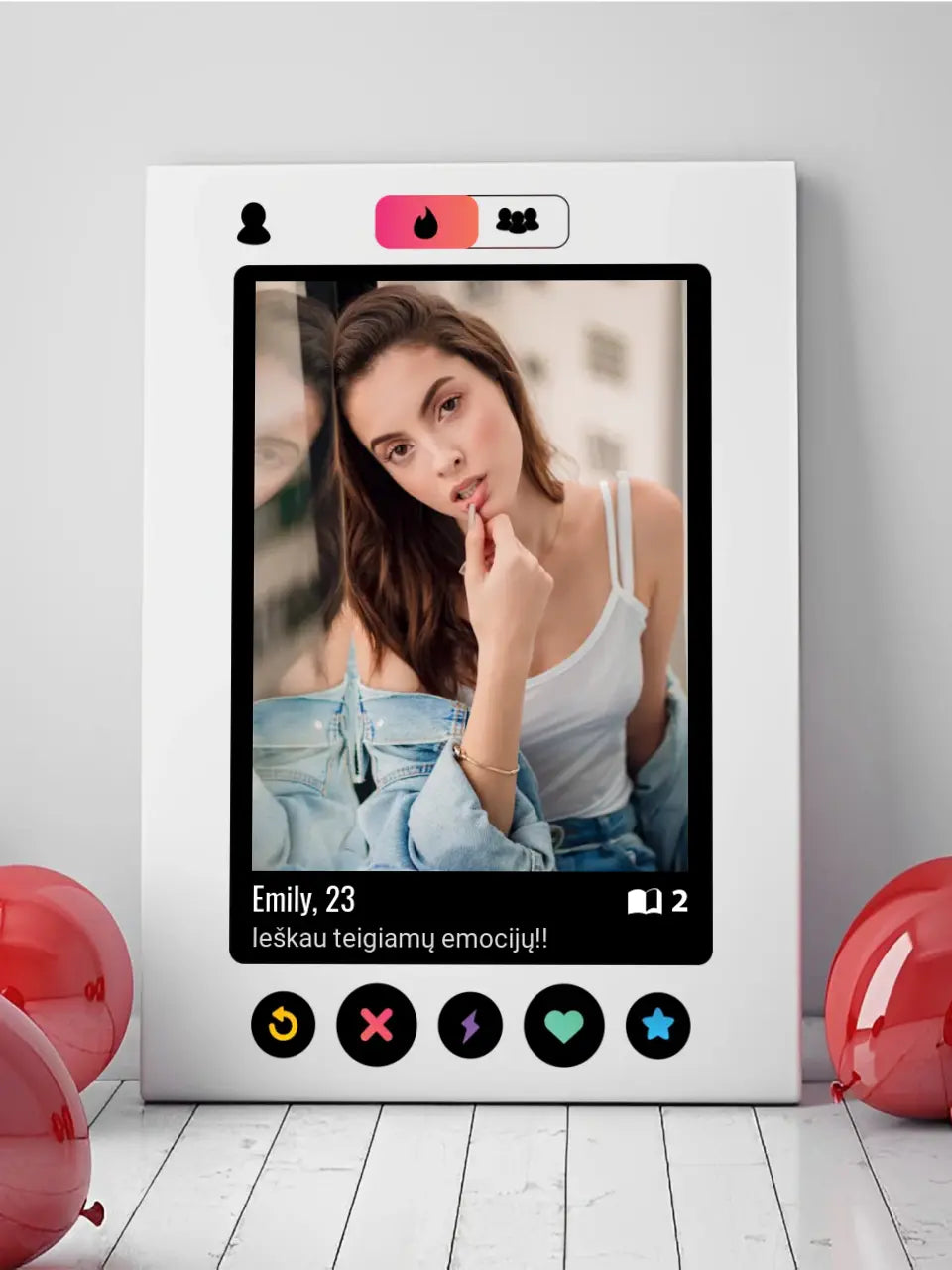 Personalizuotas "Tinder" dizaino kūrinys ant drobės su jūsų nuotrauka ir tekstu