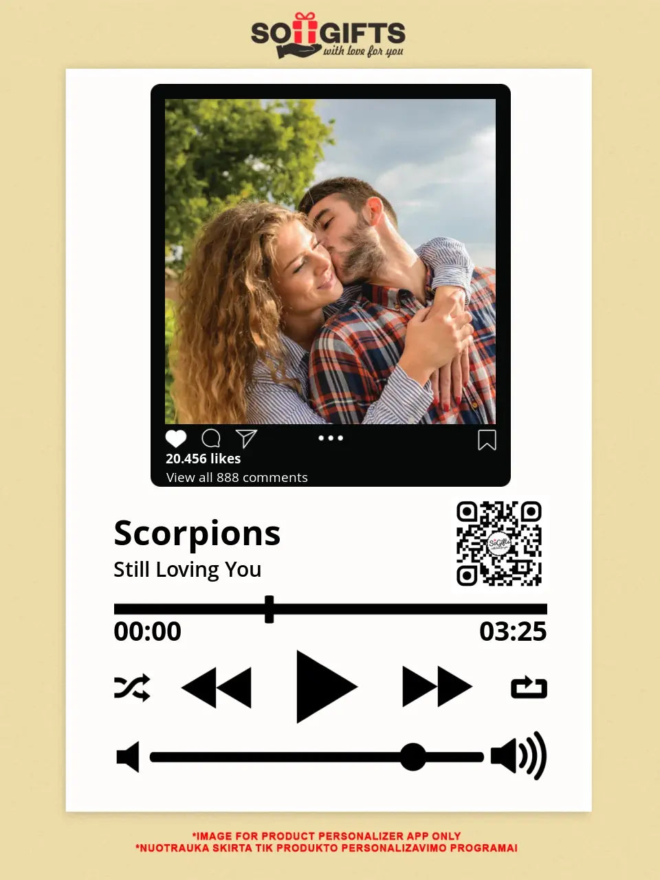Personalizuotas "So Player + Instagram" muzikos grotuvas su jūsų nuotrauka ir daina ant drobės