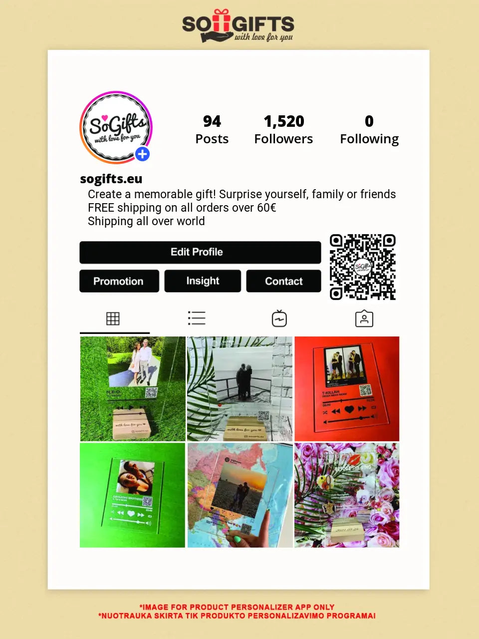Personalizuotas "Instagram Profilis" dizaino įrėmintas plakatas su jūsų nuotraukamis ir tekstu