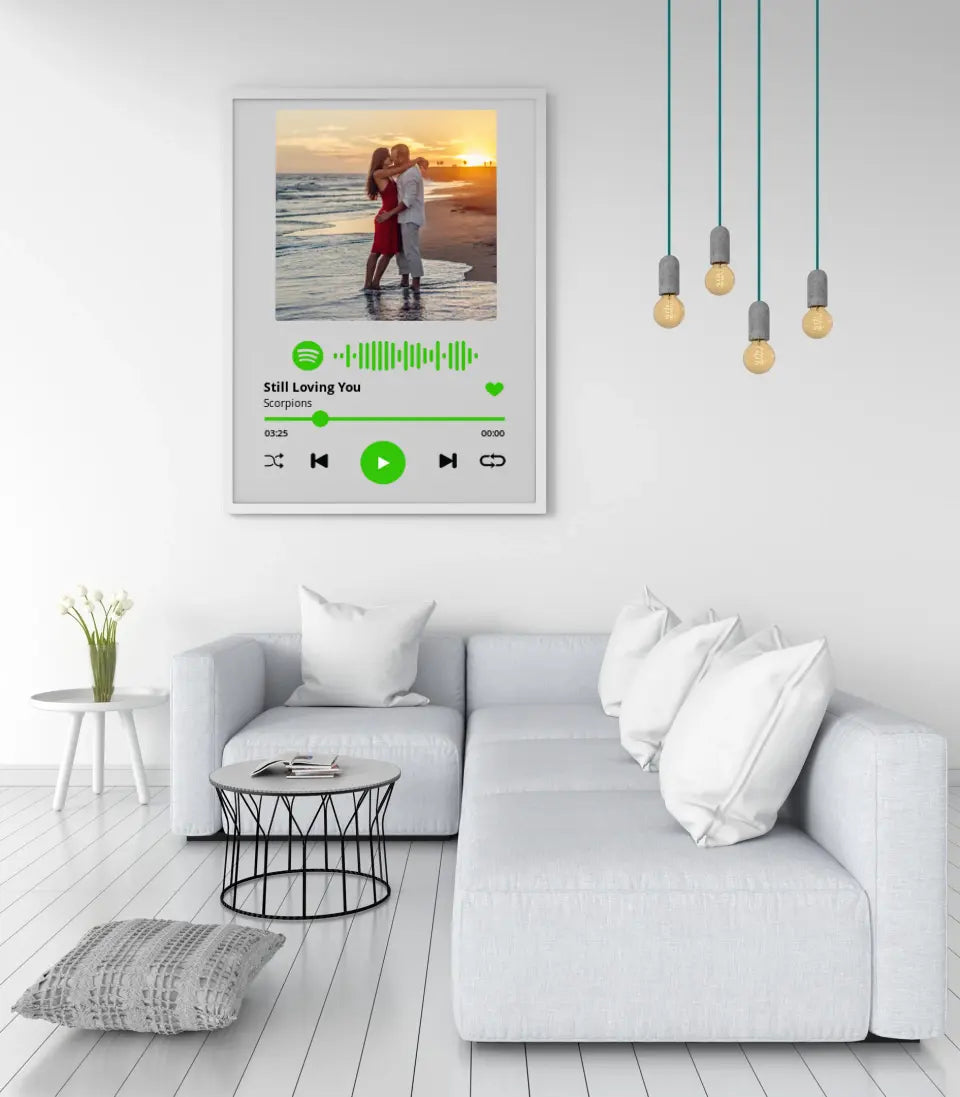 Personalizuotas Spotify muzikos grotuvo įrėmintas plakatas su jūsų nuotrauka, daina ir spotify kodu