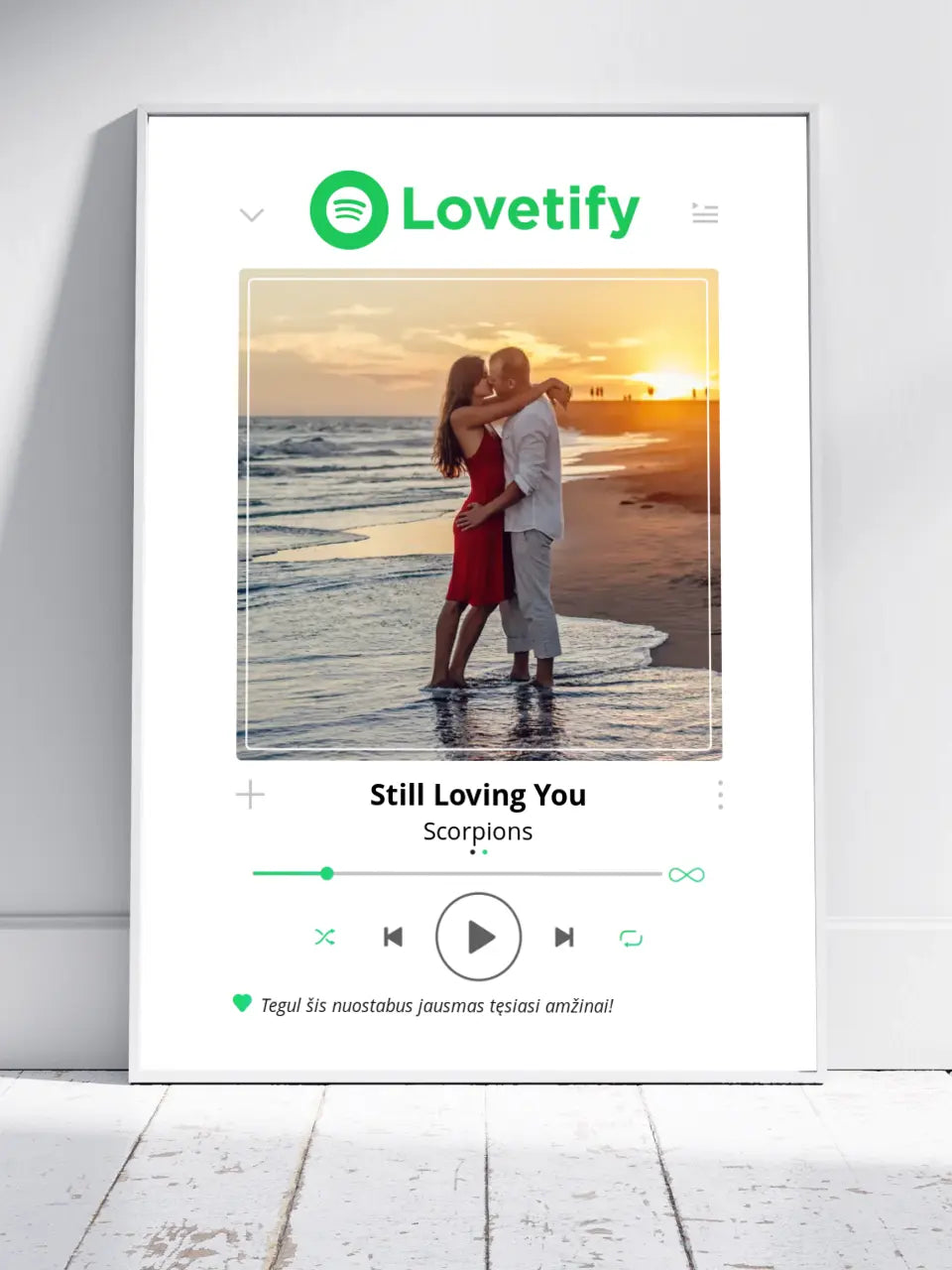 Personalizuotas Lovetify muzikos grotuvo įrėmintas plakatas su jūsų nuotrauka ir daina