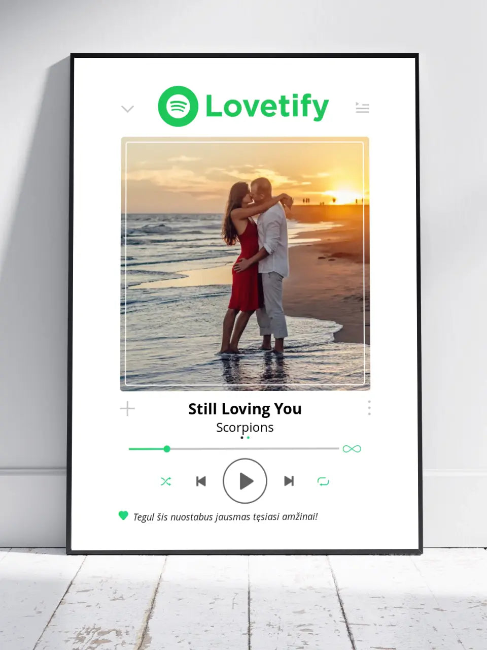 Personalizuotas Lovetify muzikos grotuvo įrėmintas plakatas su jūsų nuotrauka ir daina