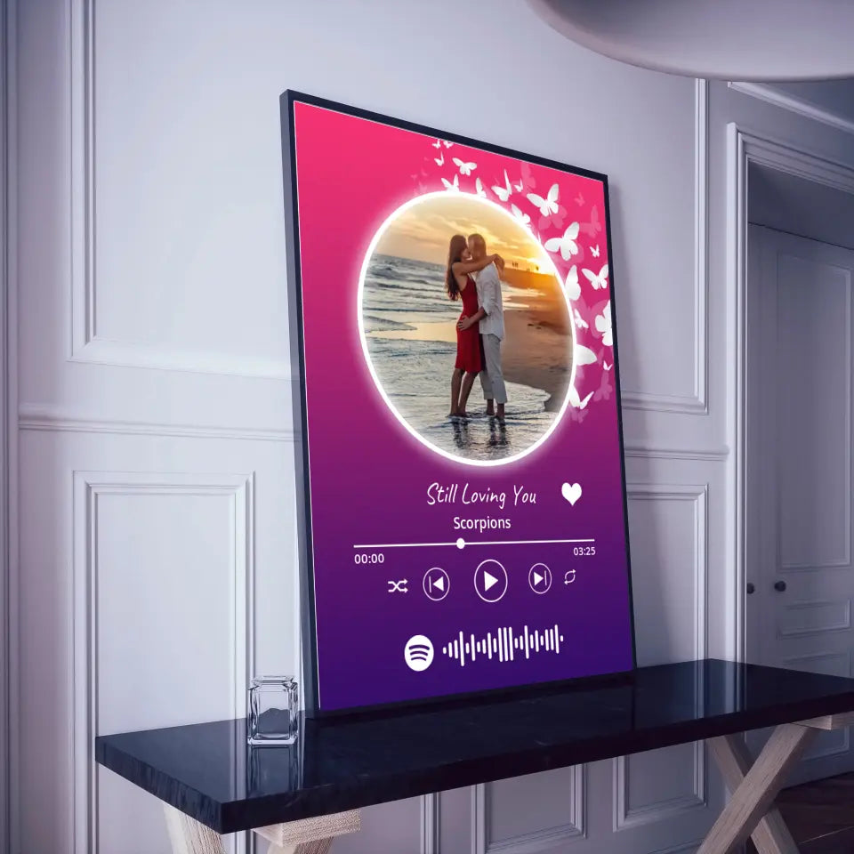 Personalizuotas Spotify muzikos grotuvo įrėmintas plakatas su jūsų nuotrauka, daina ir spotify kodu