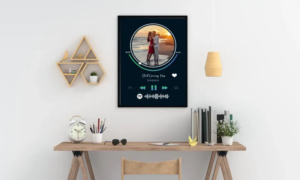 Personalizuotas Spotify muzikos grotuvo įrėmintas plakatas su jūsų nuotrauka, daina ir spotify kodu