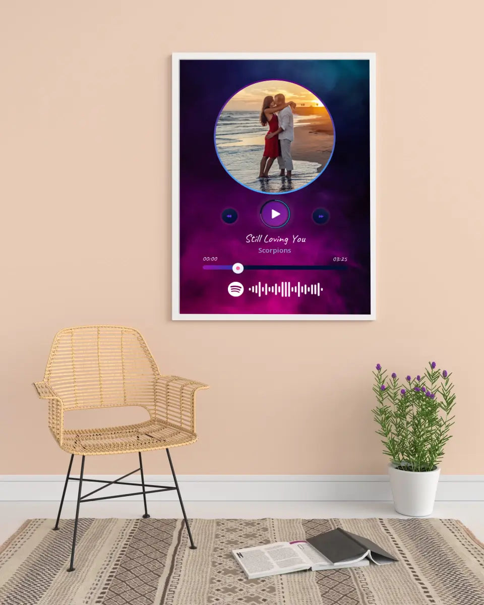 Personalizuotas Spotify muzikos grotuvo įrėmintas plakatas su jūsų nuotrauka, daina ir spotify kodu