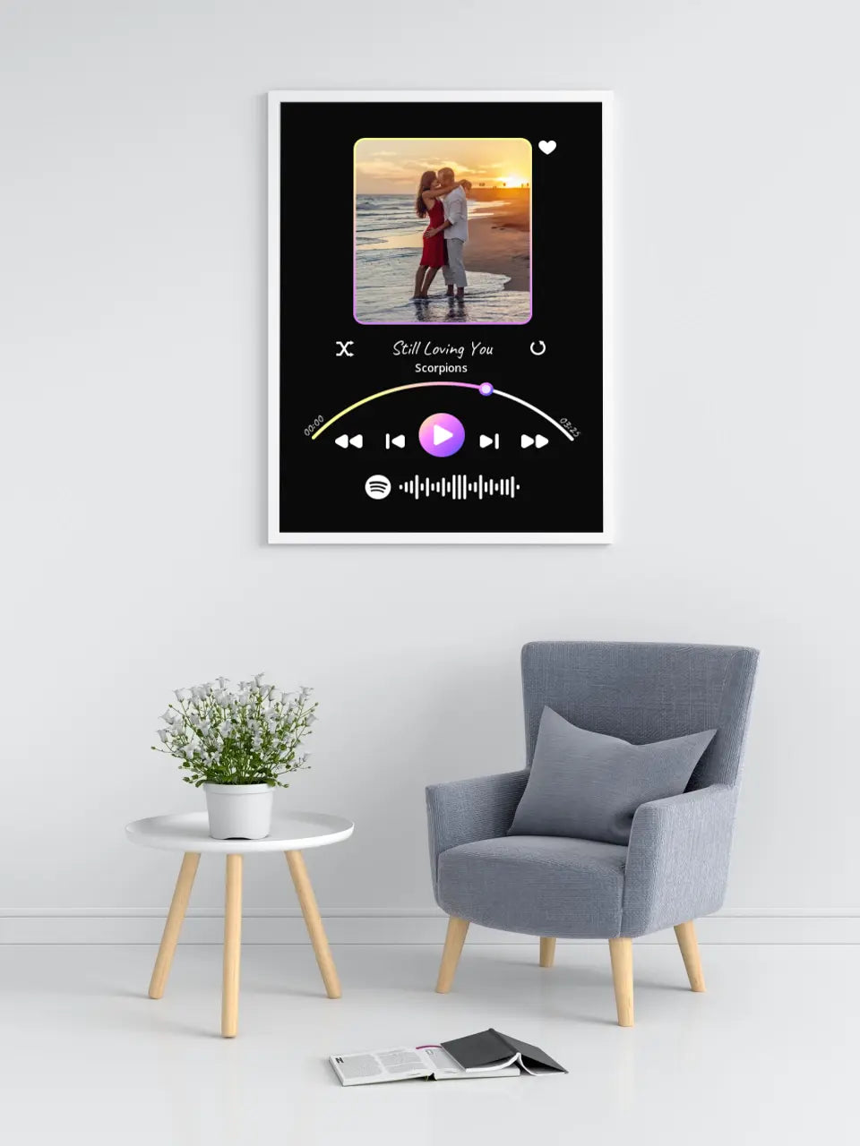 Personalizuotas Spotify muzikos grotuvo įrėmintas plakatas su jūsų nuotrauka, daina ir spotify kodu