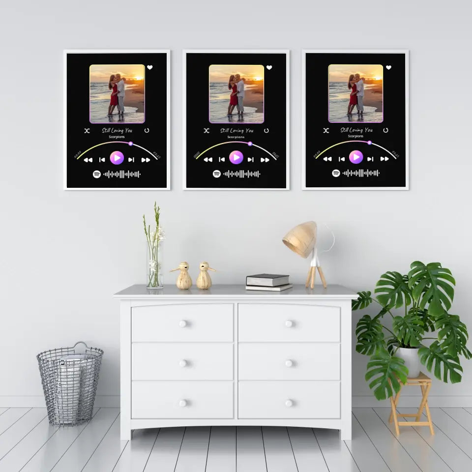 Personalizuotas Spotify muzikos grotuvo įrėmintas plakatas su jūsų nuotrauka, daina ir spotify kodu