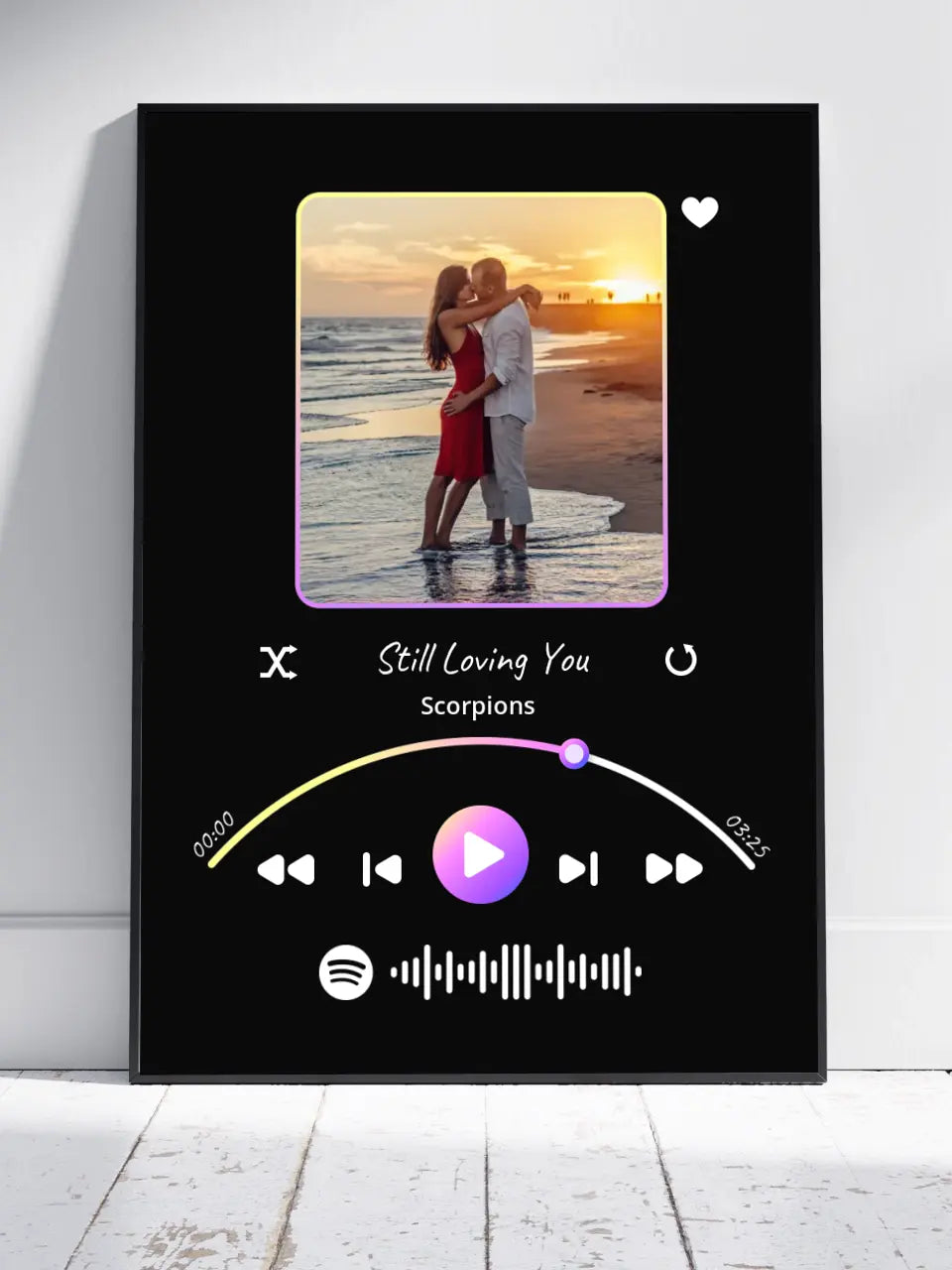 Personalizuotas Spotify muzikos grotuvo įrėmintas plakatas su jūsų nuotrauka, daina ir spotify kodu