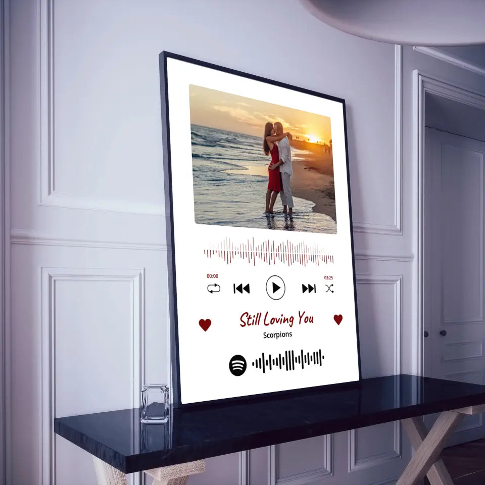 Personalizuotas Spotify muzikos grotuvo įrėmintas plakatas su jūsų nuotrauka, daina ir spotify kodu