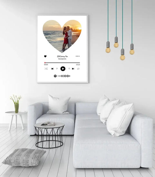 Personalizuotas Spotify muzikos grotuvo įrėmintas plakatas su jūsų nuotrauka širdelės formos, daina ir spotify kodu  Posteris(Plakatas) -  dovanokis.lt