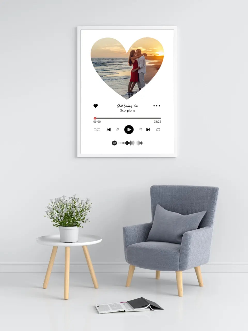 Personalizuotas Spotify muzikos grotuvo įrėmintas plakatas su jūsų nuotrauka širdelės formos, daina ir spotify kodu