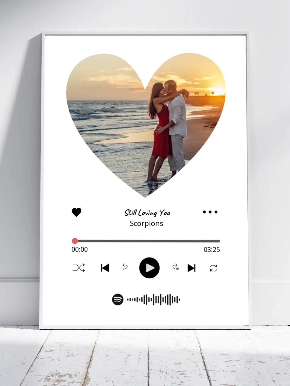 Personalizuotas Spotify muzikos grotuvo įrėmintas plakatas su jūsų nuotrauka širdelės formos, daina ir spotify kodu