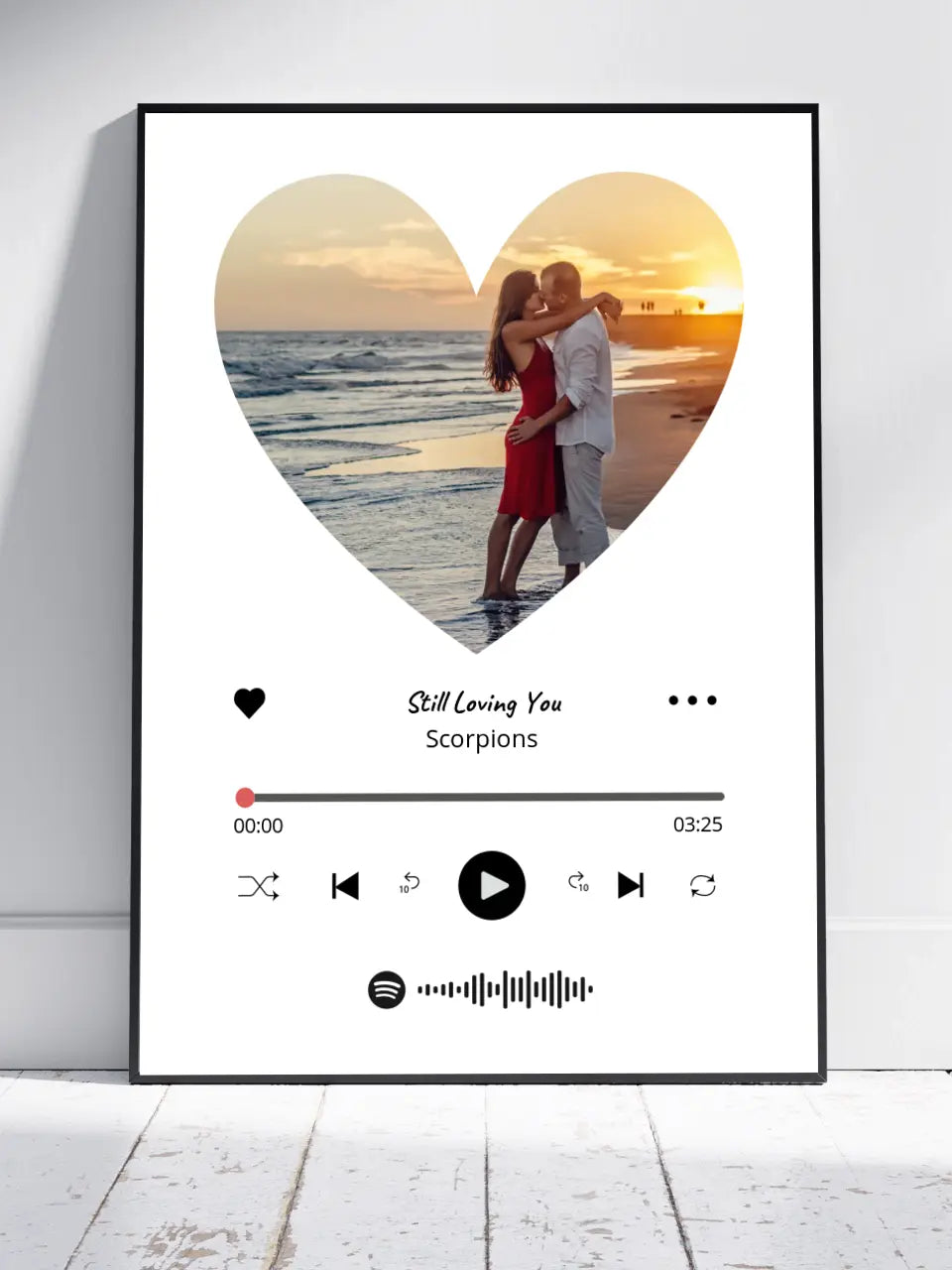 Personalizuotas Spotify muzikos grotuvo įrėmintas plakatas su jūsų nuotrauka širdelės formos, daina ir spotify kodu