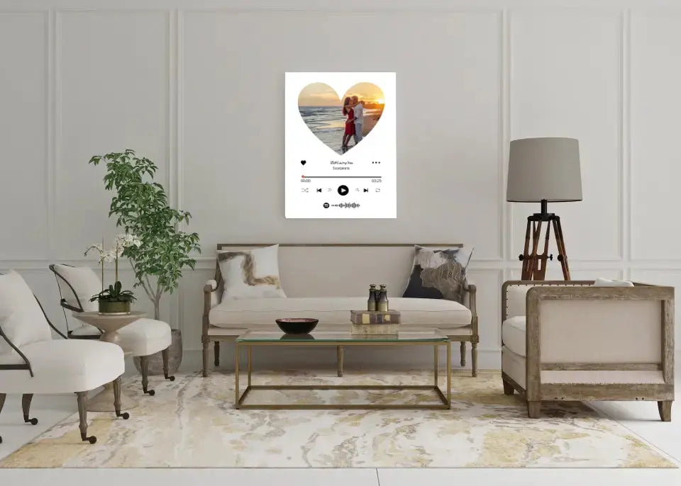 Personalizuotas Spotify muzikos grotuvas ant drobės su jūsų nuotrauka širdelės formos, daina ir spotify kodu  Drobe -  dovanokis.lt