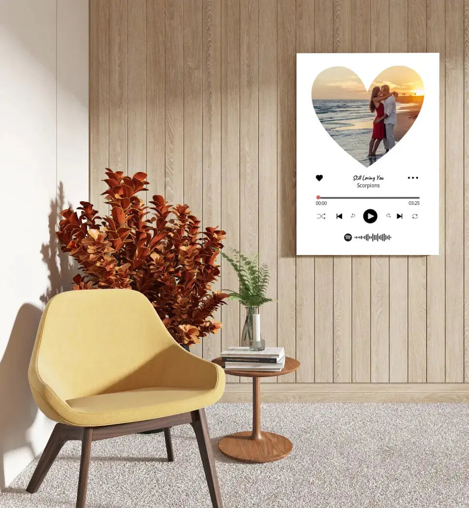 Personalizuotas Spotify muzikos grotuvas ant drobės su jūsų nuotrauka širdelės formos, daina ir spotify kodu  Drobe -  dovanokis.lt