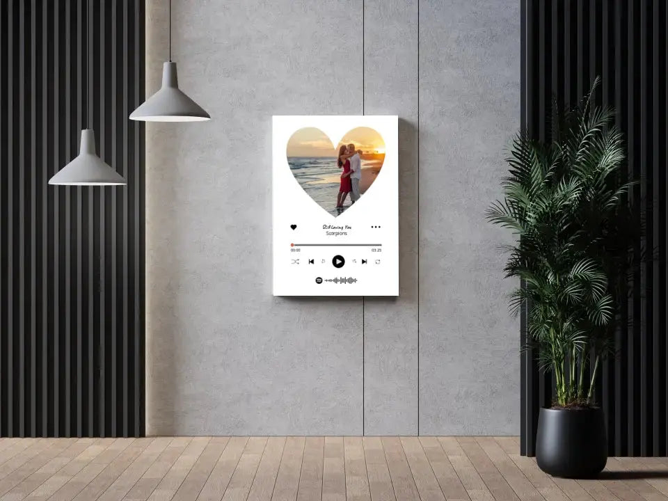 Personalizuotas Spotify muzikos grotuvas ant drobės su jūsų nuotrauka širdelės formos, daina ir spotify kodu  Drobe -  dovanokis.lt