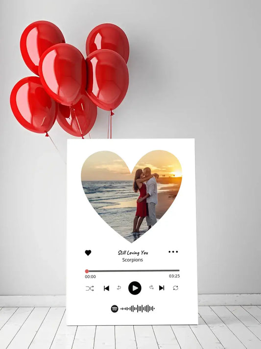 Personalizuotas Spotify muzikos grotuvas ant drobės su jūsų nuotrauka širdelės formos, daina ir spotify kodu  Drobe -  dovanokis.lt