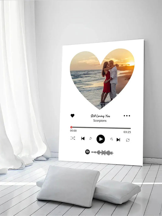 Personalizuotas Spotify muzikos grotuvas ant drobės su jūsų nuotrauka širdelės formos, daina ir spotify kodu  Drobe -  dovanokis.lt