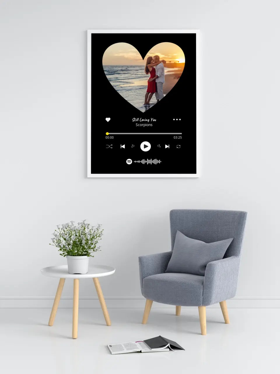 Personalizuotas Spotify muzikos grotuvo įrėmintas plakatas su jūsų nuotrauka širdelės formos, daina ir spotify kodu