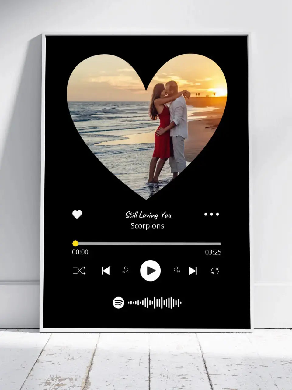 Personalizuotas Spotify muzikos grotuvo įrėmintas plakatas su jūsų nuotrauka širdelės formos, daina ir spotify kodu  Posteris(Plakatas) -  dovanokis.lt